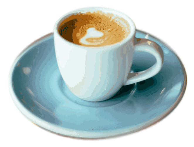 Cortado en taza blanca sobre plato celeste, con un toque de espuma